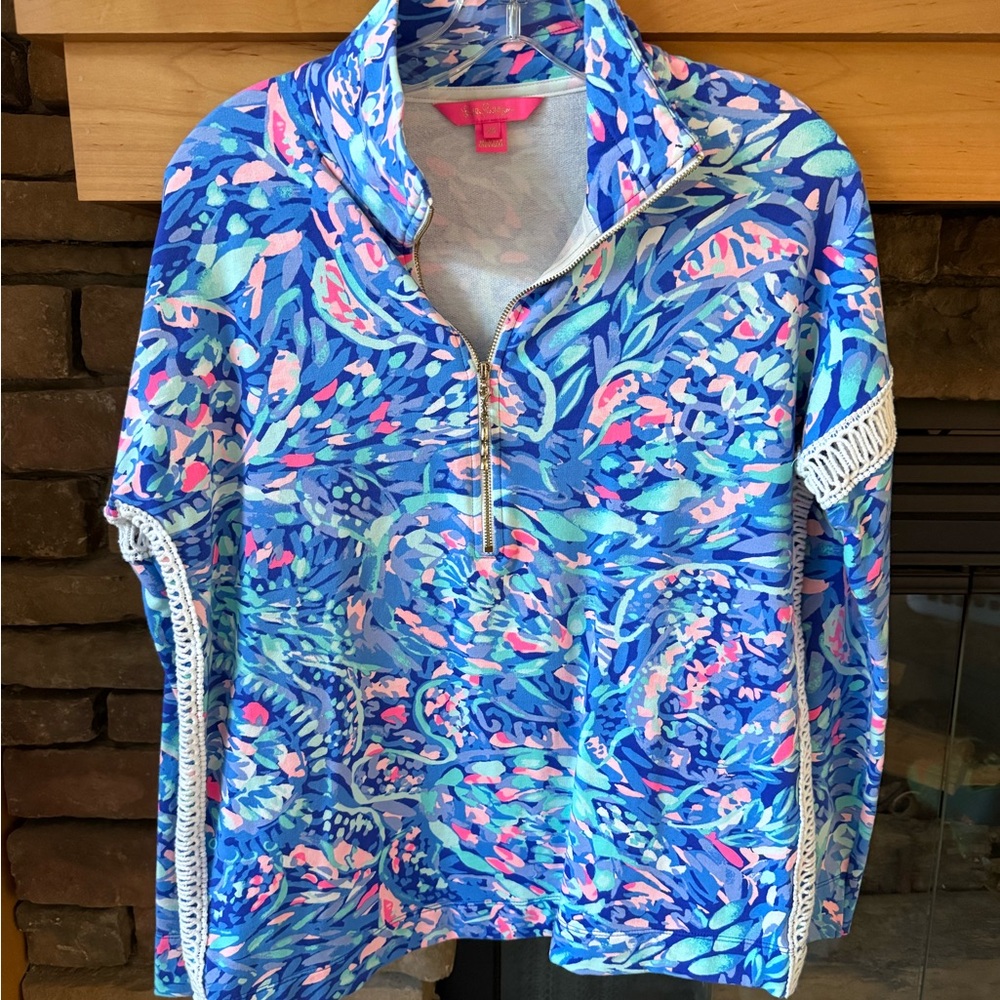 Lilly Pulitzer Jonah Blue Wave Quarter-Zip Pullover Knit Trim Size XS
